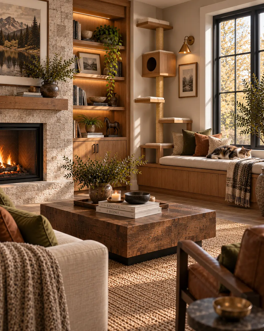 Warm pet-friendly living room with a cat relaxing on a window seat beside an accessible climbing tower, built-ins and a stone fireplace.