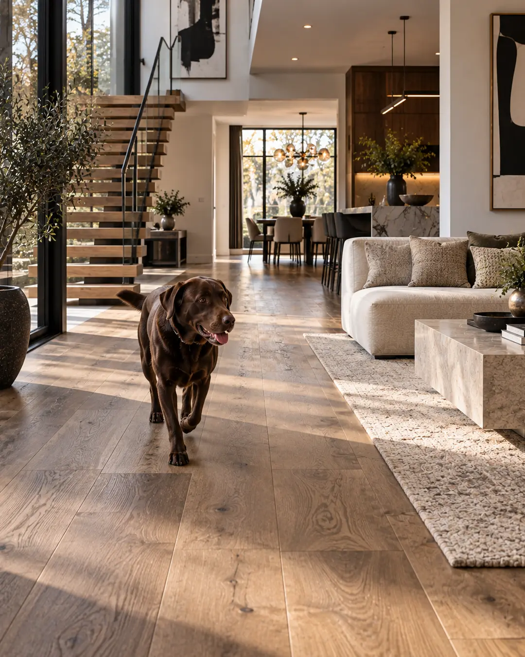 Modern pet-friendly open-concept home with a chocolate Labrador walking across warm wood floors beside a sophisticated living and dining space.