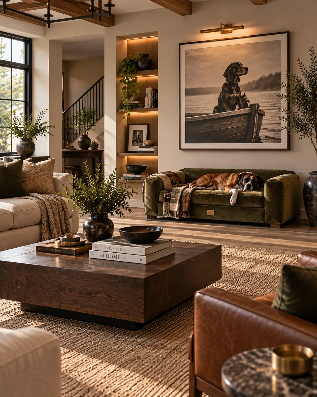 Warm, upscale pet-friendly living room with a Boxer stretched out on its own sofa, surrounded by rich woods, layered textures and dog-inspired art.