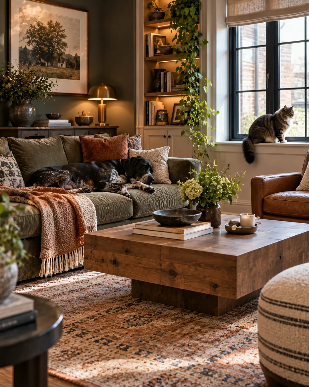 Elegant pet-friendly living room with warm wood tones, a fireplace, layered furnishings and a dog relaxing on its own upholstered bed.