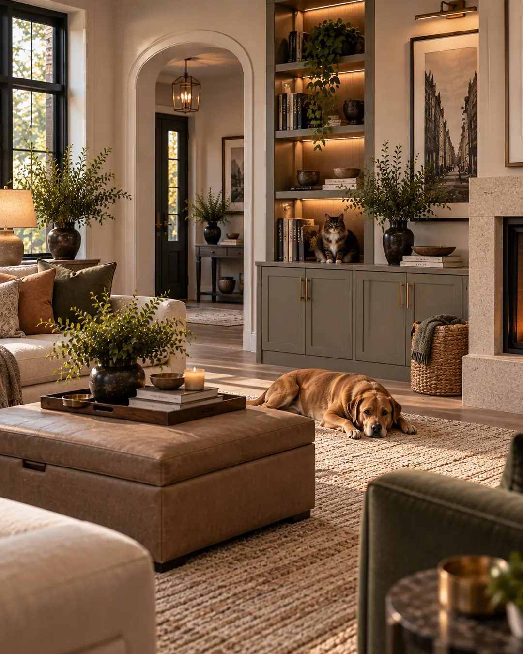 Elegant pet-friendly living room with a Labrador relaxing on the rug and a cat perched in built-in shelving among warm woods and layered furnishings.