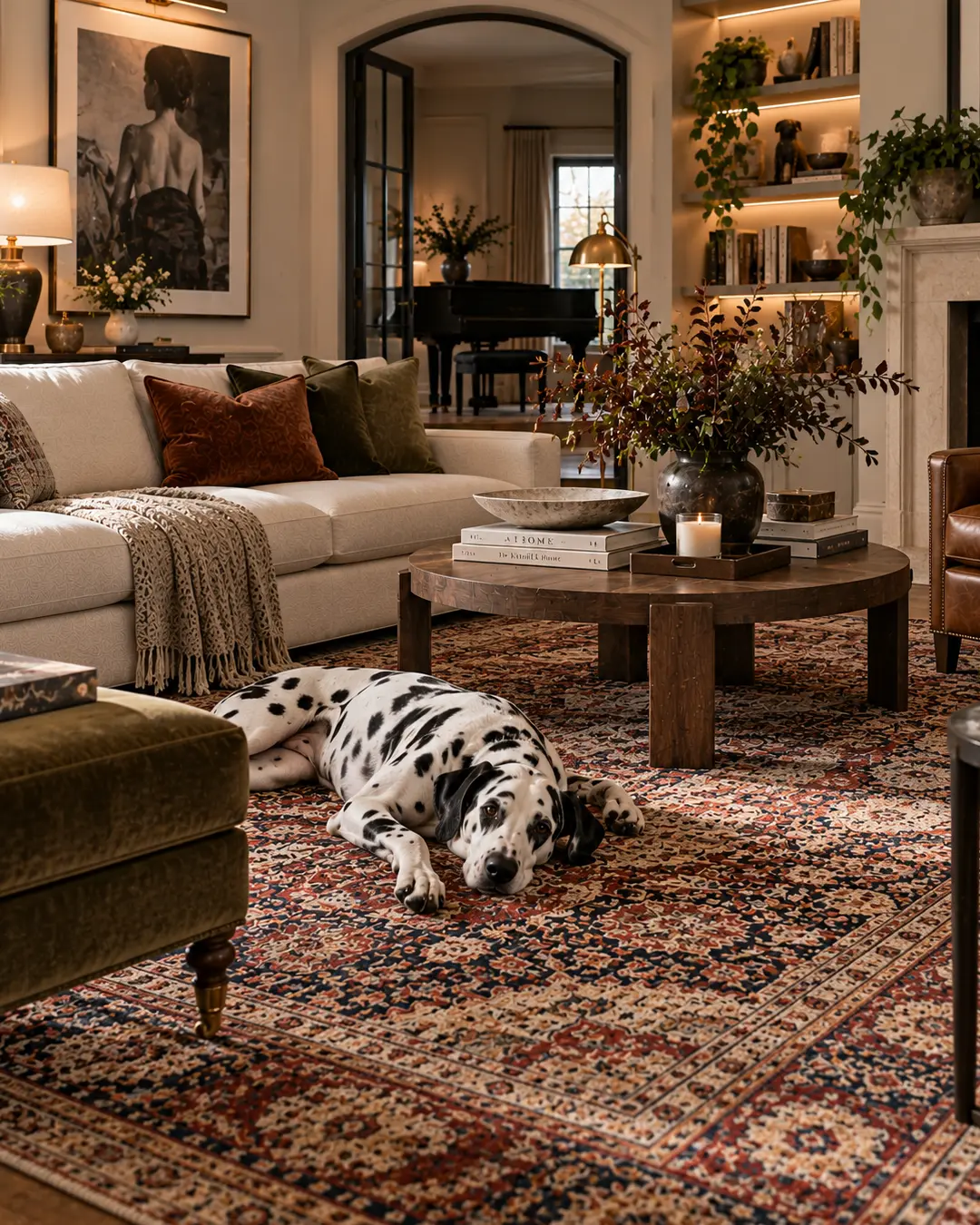 Elegant pet-friendly living room with a Dalmatian relaxing on a richly patterned rug amid warm woods, layered textiles and classic furnishings.