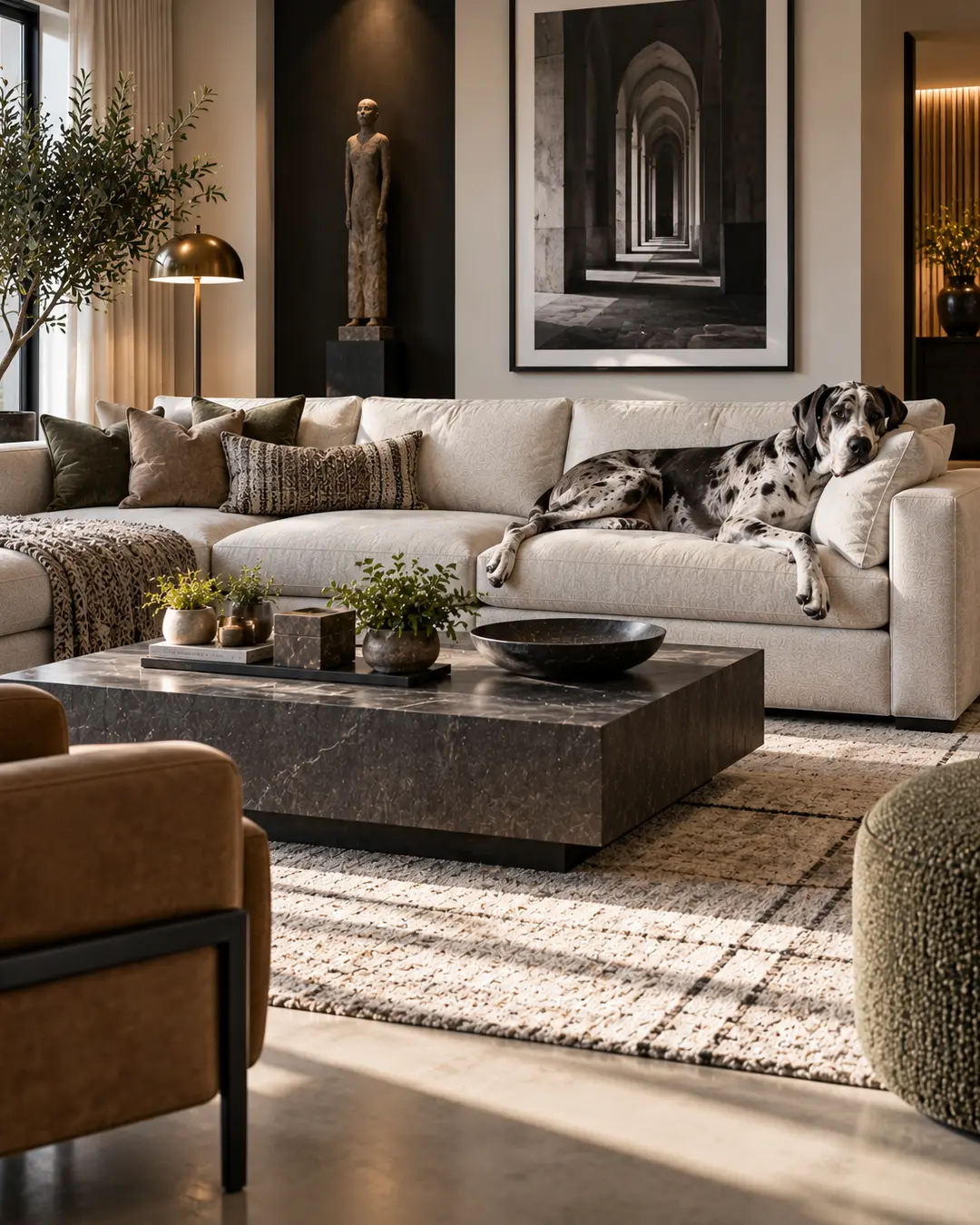Sophisticated contemporary living room with a Great Dane lounging on a cream sofa, surrounded by warm neutrals, rich textures and dramatic art.