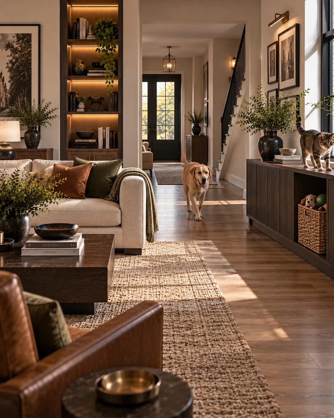 Warm pet-friendly living room with a Labrador walking through a wide traffic path while a cat enjoys an elevated perch beside the window.