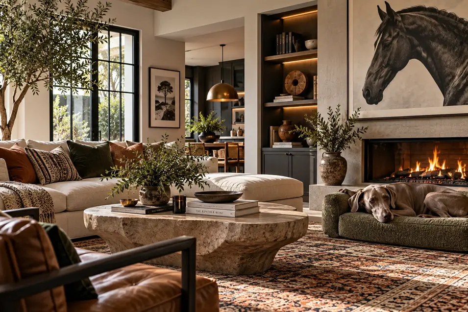 Sophisticated pet-friendly living room with a Weimaraner relaxing on an upholstered dog bed beside the fireplace and sculptural stone coffee table.