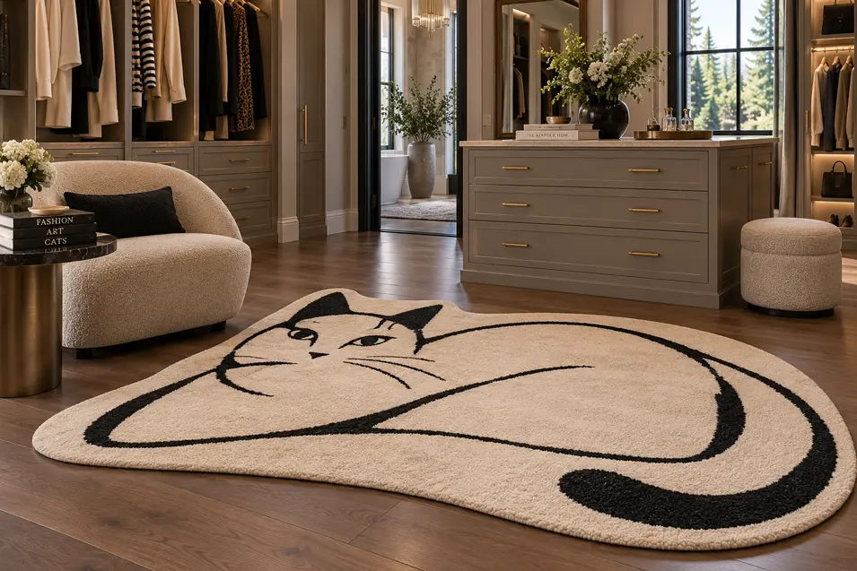 Luxurious walk-in closet with warm wood cabinetry and a sculptural cream rug shaped like a reclining cat with bold black linework.