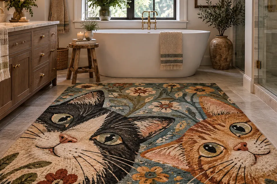 Elegant bathroom with a freestanding tub, warm wood vanity and a whimsical floral rug featuring oversized black-and-white and orange cats.