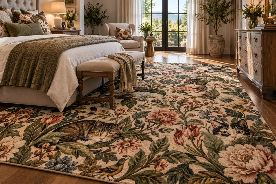Elegant bedroom with a richly detailed floral rug featuring cats nestled among lush flowers and foliage, paired with warm traditional furnishings.