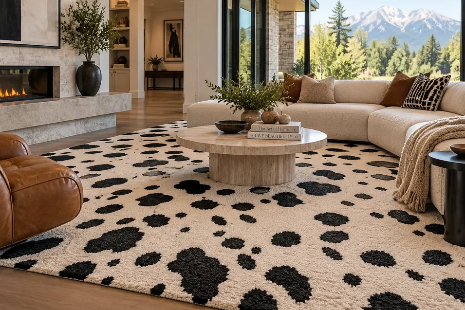 Sophisticated mountain-view living room with a bold cream rug covered in irregular black spots, paired with warm leather and modern furnishings.