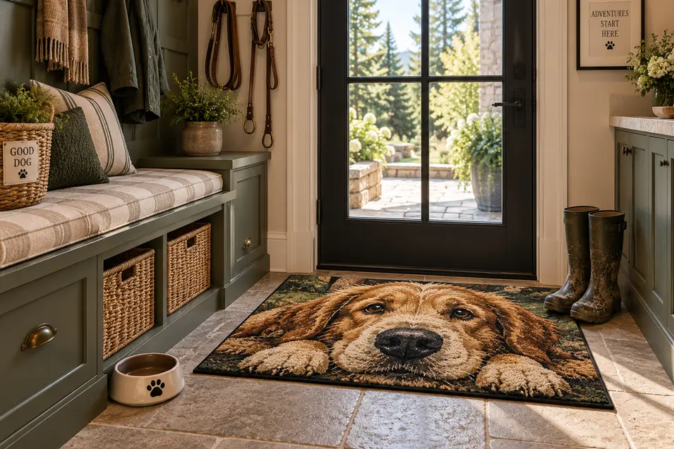 Welcoming mudroom with built-in storage, dog leashes and a playful rug featuring a large dog face peeking up beside the entry door.