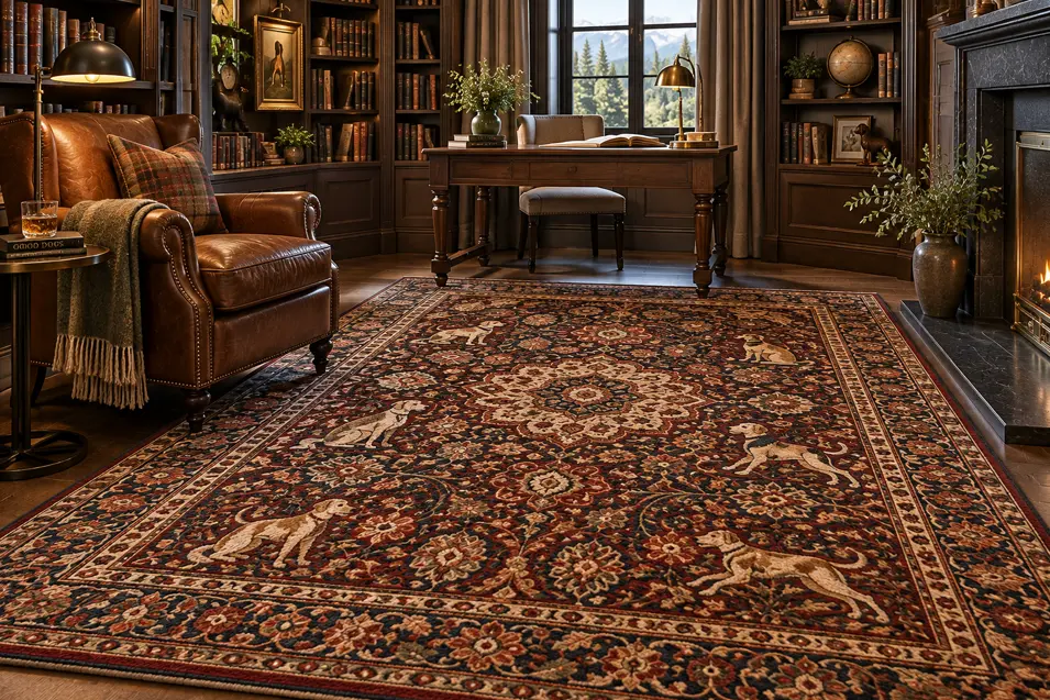 Rich traditional home library with leather seating, dark wood bookcases and an ornate Persian-style rug subtly woven with elegant dogs.