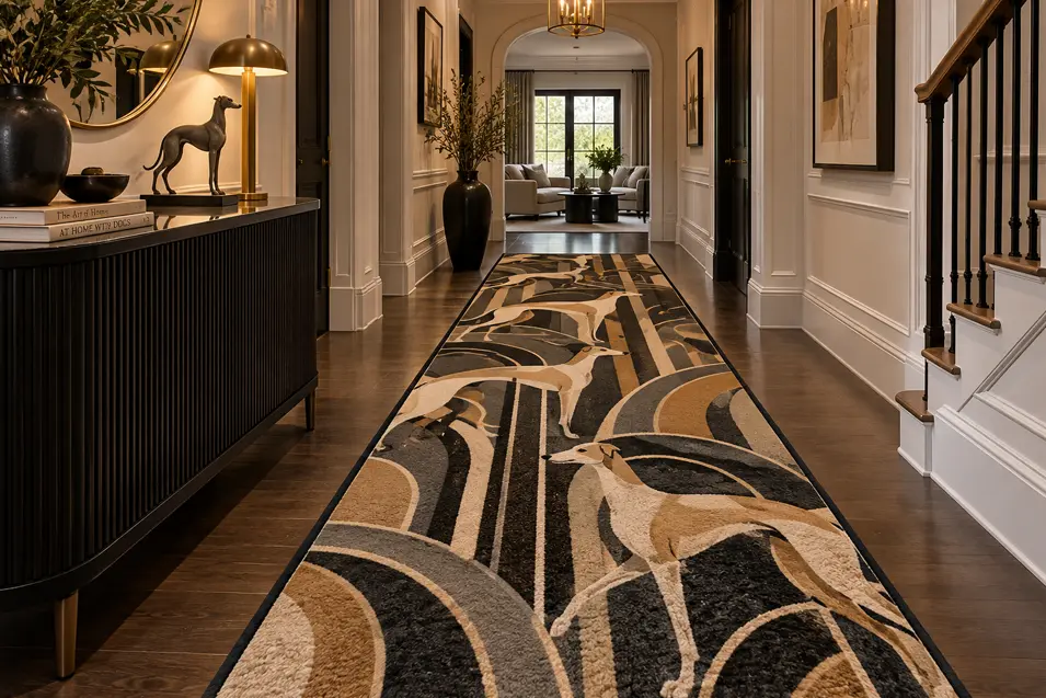 Elegant hallway with a dramatic Art Deco runner featuring stylized greyhounds, paired with dark wood, black accents and warm brass lighting.