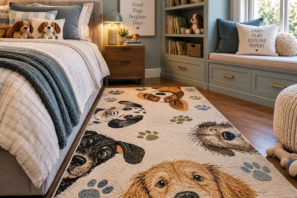 Stylish child’s bedroom with a playful dog-face rug, cozy layered bedding, built-in window seat and charming canine-themed accents.