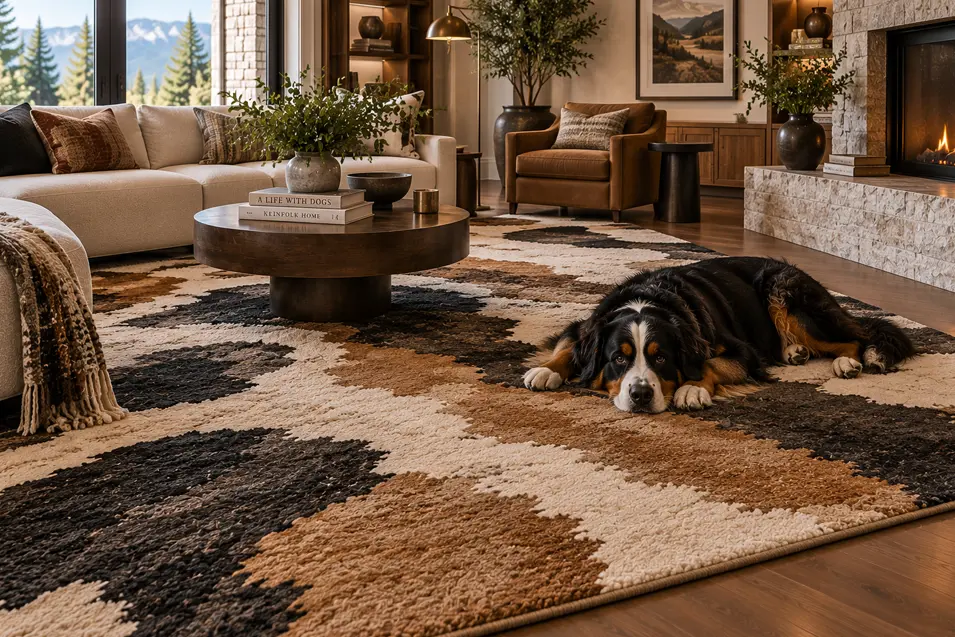Warm mountain living room with a Bernese Mountain Dog relaxing on a bold abstract rug beside a stone fireplace and expansive windows.