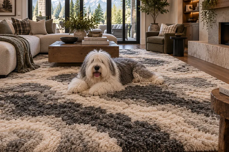 Luxurious mountain-view living room with a cozy shag rug and an Old English Sheepdog relaxing by the fireplace.