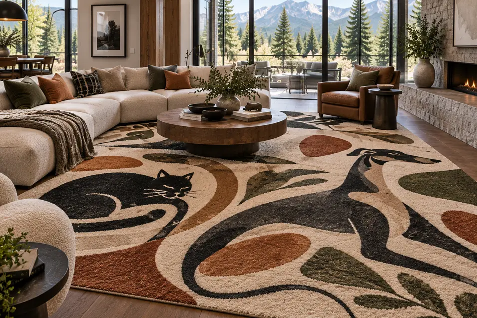 Modern mountain living room with a striking abstract rug featuring a curled black cat and stylized greyhound among earthy organic shapes.
