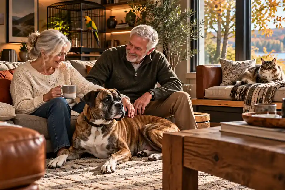 An older couple relaxes in a warm lakeside living room with their Boxer, cat and pet bird surrounded by cozy autumn scenery.