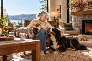 An older woman relaxes by the fire with her cat and Bernese Mountain Dog in a warm, pet-friendly home overlooking a peaceful lake.