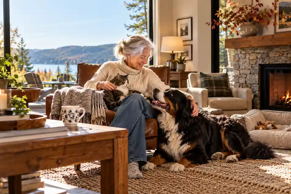 An older woman relaxes by the fire with her cat and Bernese Mountain Dog in a warm, pet-friendly home overlooking a peaceful lake.