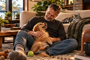 A man cuddles a happy puppy while a cat relaxes nearby, showing how companionship and routine can help pets adjust to changes at home.