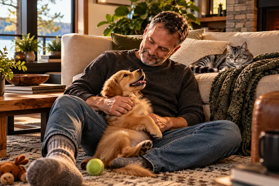 A man cuddles a happy puppy while a cat relaxes nearby, showing how companionship and routine can help pets adjust to changes at home.