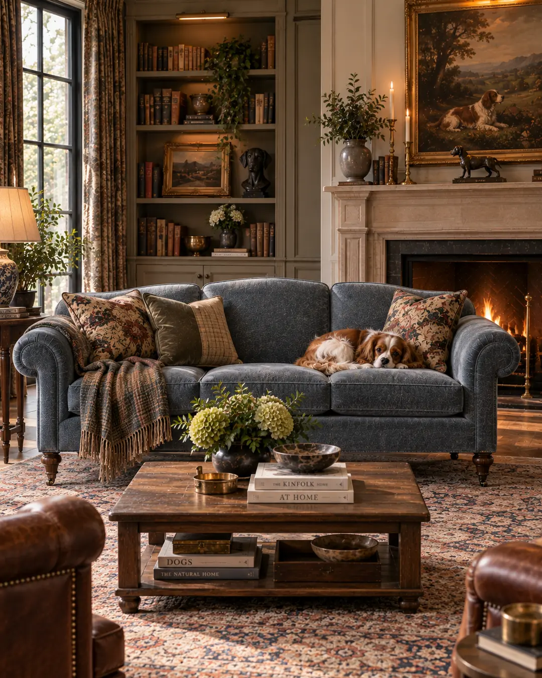 A Cavalier King Charles Spaniel curls up on a classic Bridgewater sofa in a cozy traditional living room with books, art and a glowing fire.