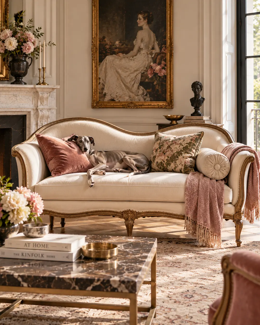 An Italian Greyhound stretches across an elegant Cabriole sofa in a refined traditional living room with carved wood, classical art and soft blush accents.