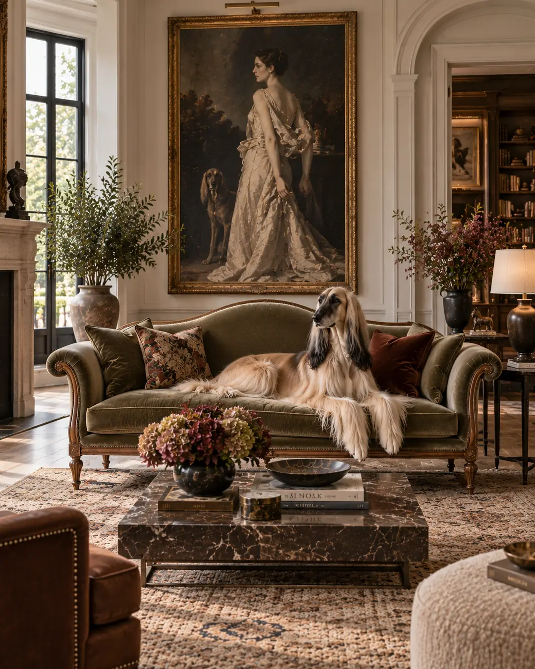 An Afghan Hound lounges elegantly on a sculptural Camelback sofa in a grand traditional living room filled with classical art and rich details.