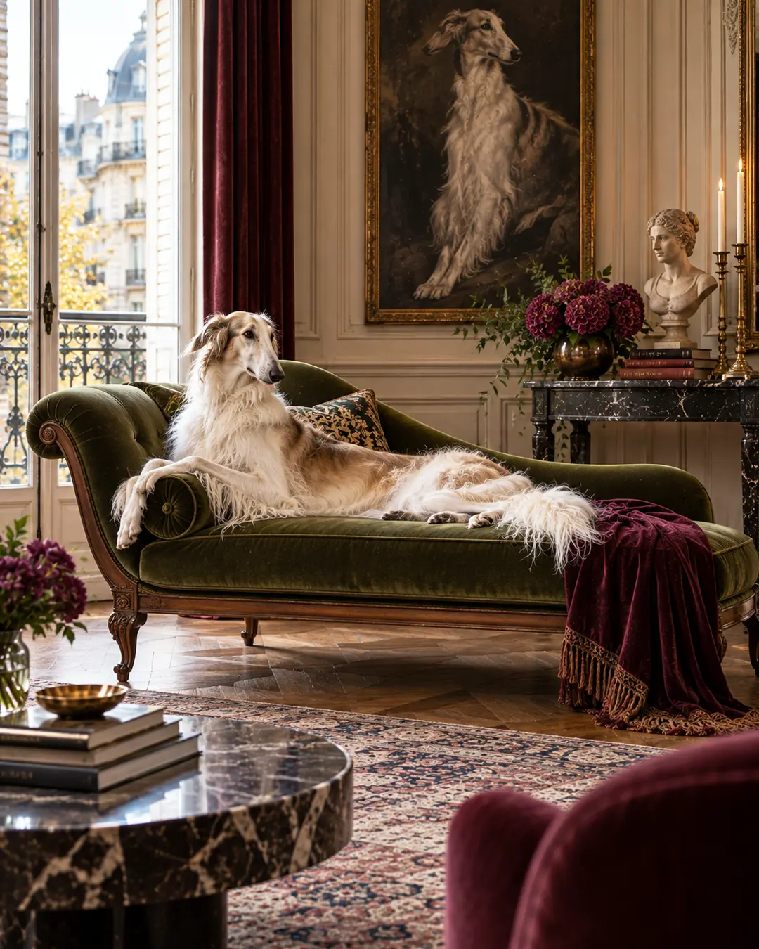 Elegant Parisian salon with a Borzoi lounging on a green velvet chaise, classical dog portrait, marble accents and rich burgundy details.