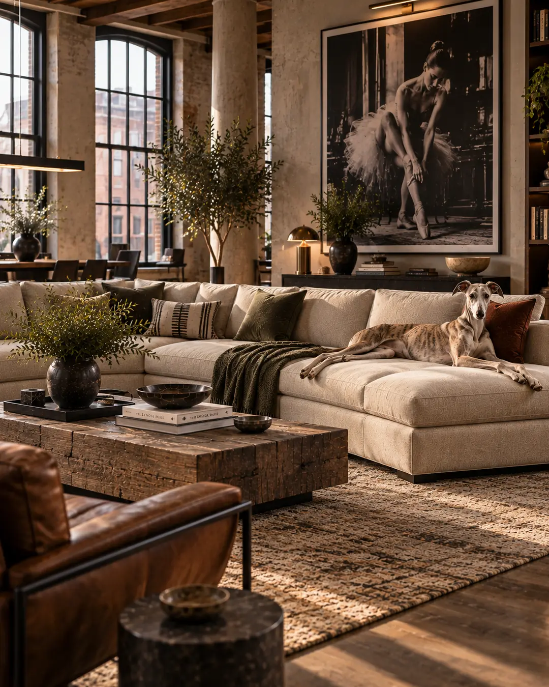 Warm industrial loft living room with a cream chaise sectional, lounging Greyhound, leather accents, rustic wood and dramatic ballet photography.