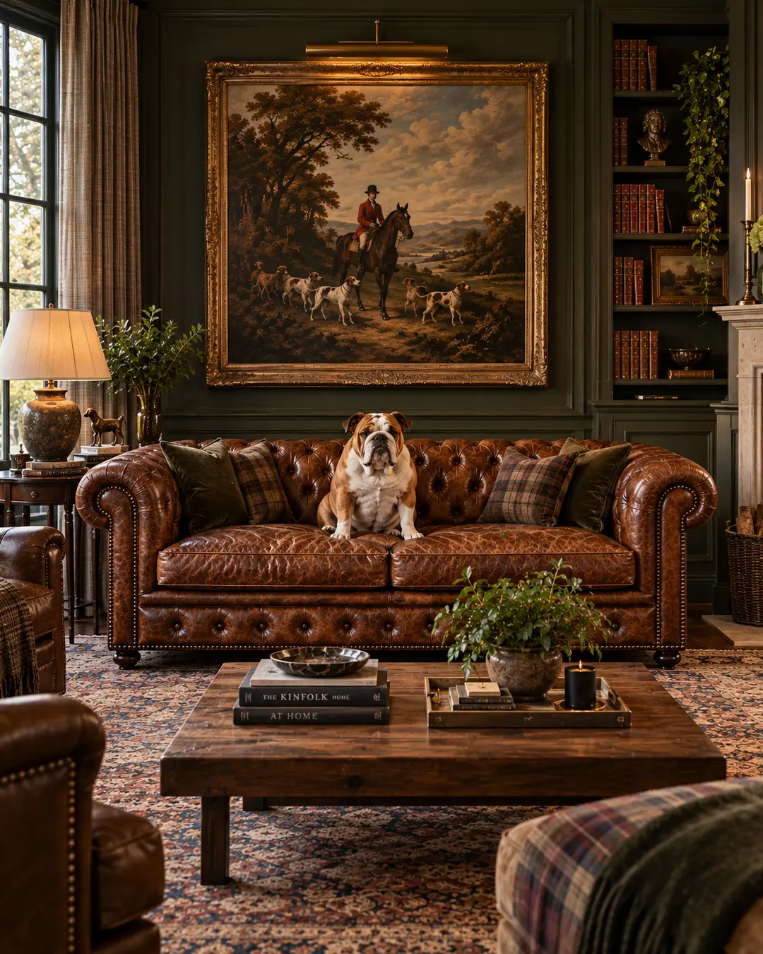 An English Bulldog sits proudly on a leather Chesterfield sofa in a rich traditional library filled with books, art and warm wood tones.