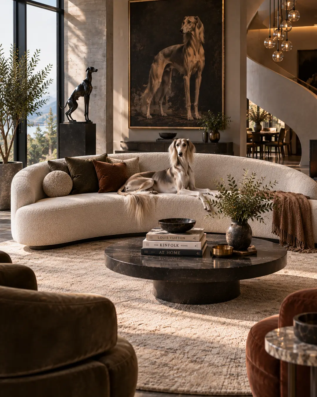 Luxurious contemporary living room with a curved cream sofa, Saluki, sculptural furnishings, dramatic dog art and warm natural light.