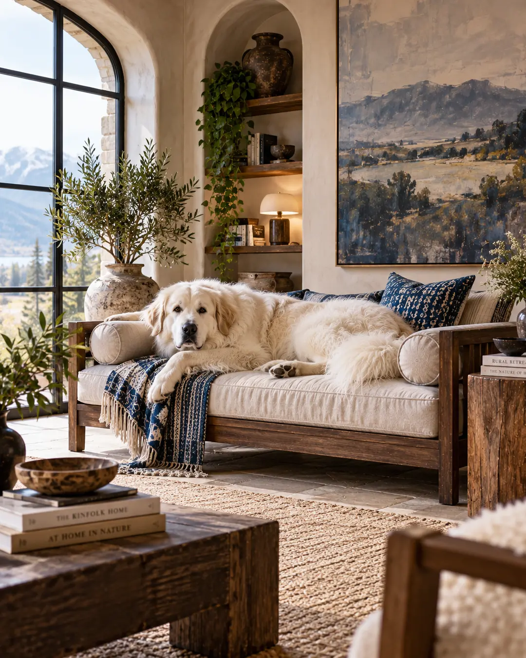 Warm Mediterranean-inspired living room with a large white dog lounging on a linen sofa, rustic wood, arched windows and serene landscape art.