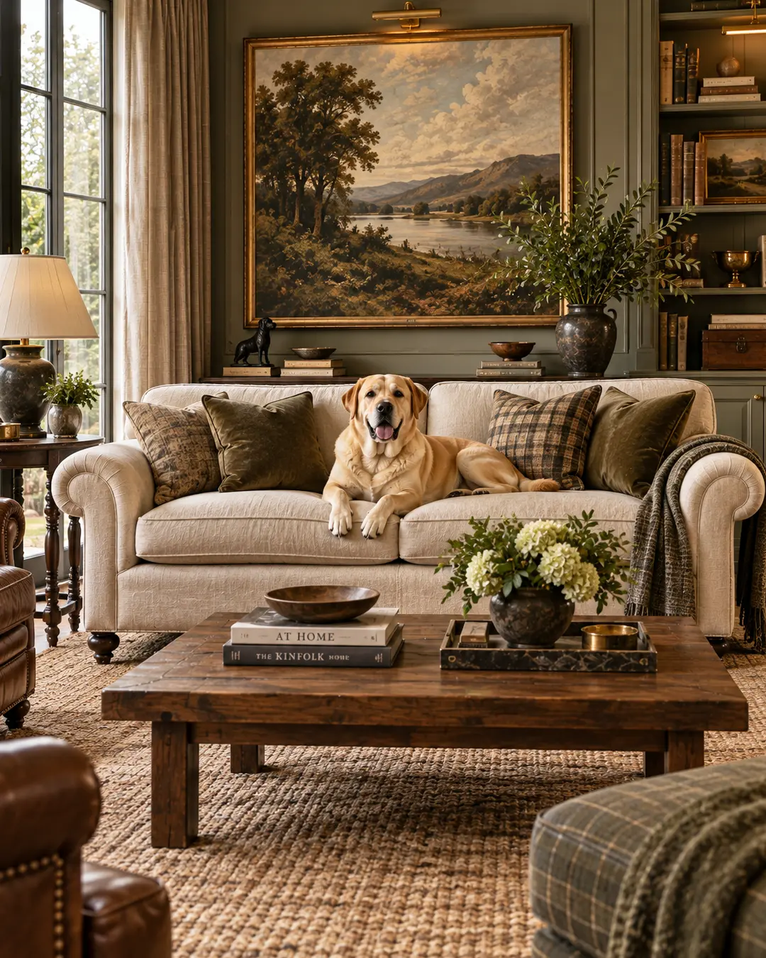 A Labrador Retriever relaxes on a classic English roll-arm sofa in a warm traditional living room with layered textures, books and landscape art.
