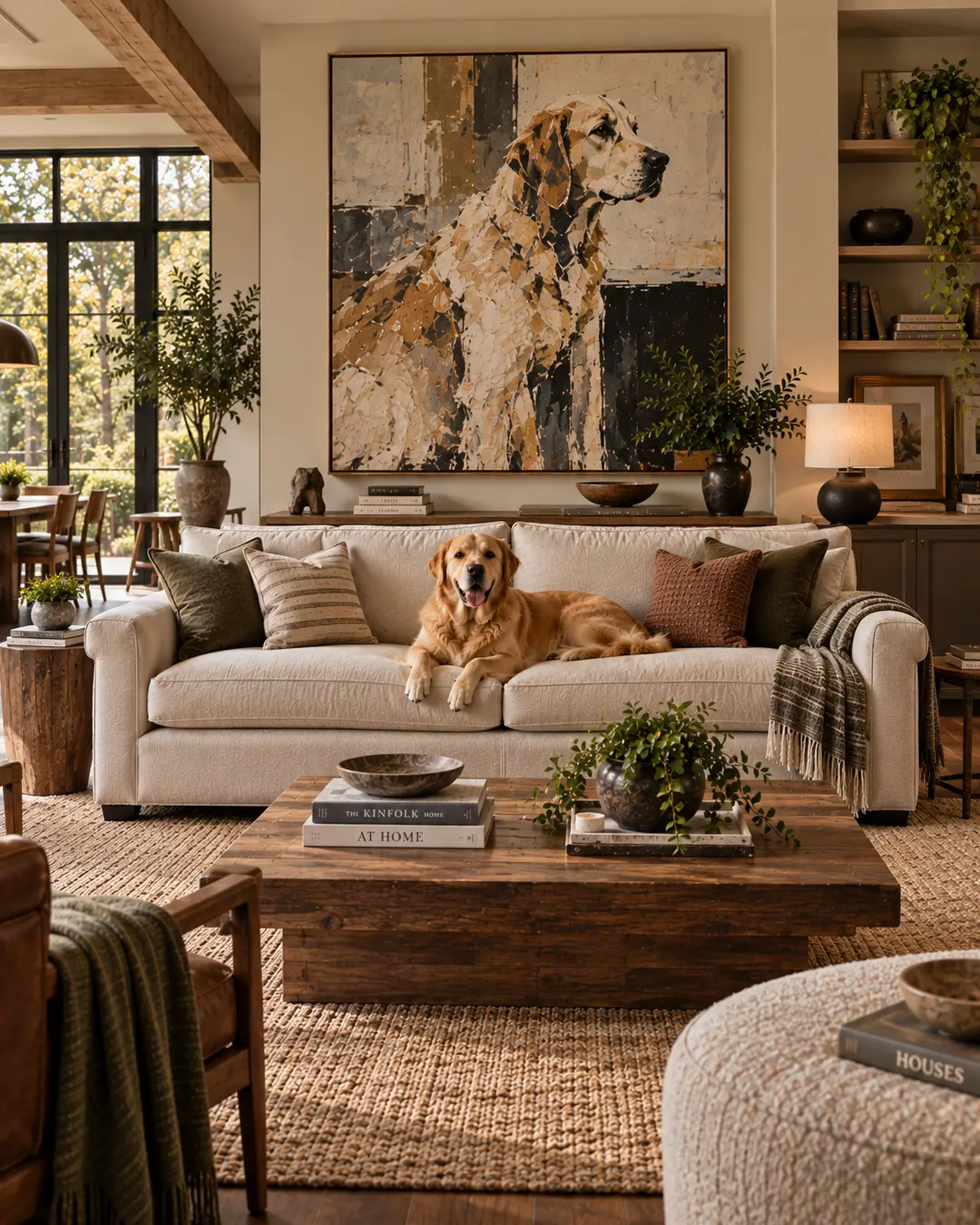 A Golden Retriever lounges on a classic Lawson sofa in a warm modern living room with natural wood, layered textures and oversized dog art.