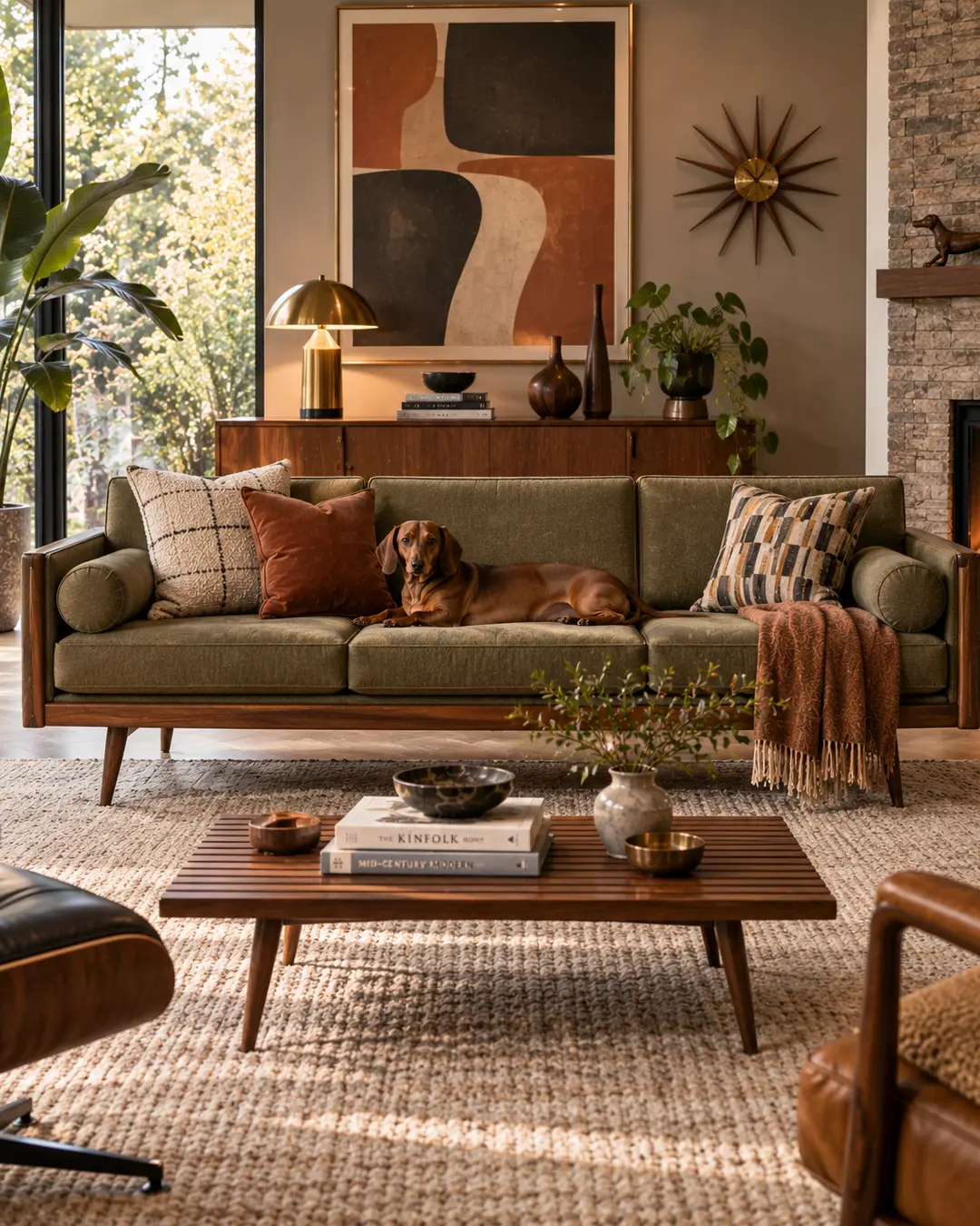 A Dachshund stretches across a low mid-century modern sofa in a warm retro living room with walnut furniture, geometric art and clean lines.