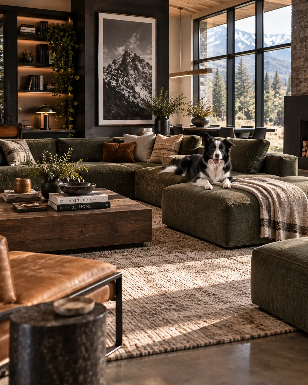 High-end mountain living room with a deep green sectional, Border Collie, warm wood accents, dramatic alpine views and layered natural textures.