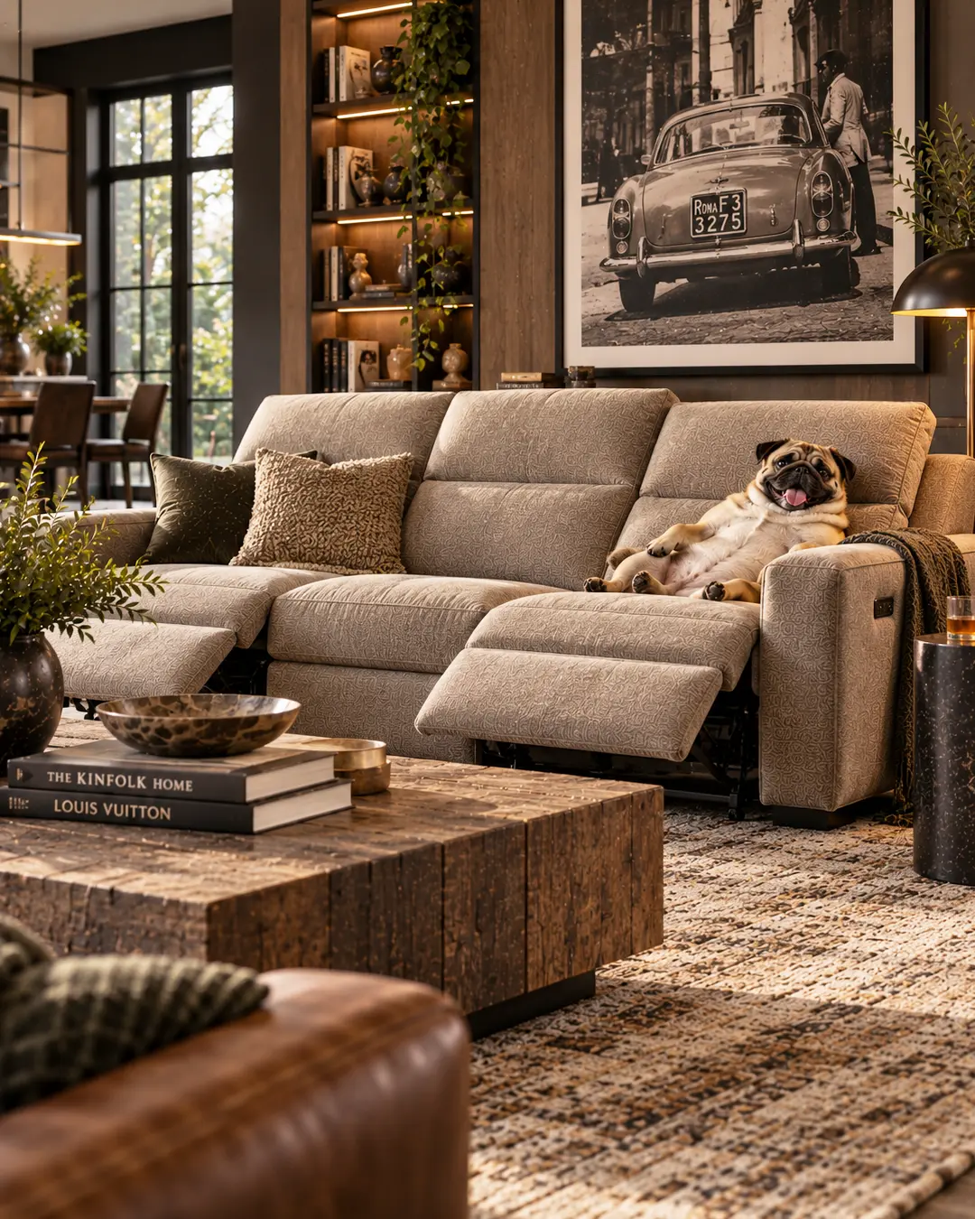 Contemporary living room with a plush reclining sofa, relaxed Pug, warm wood accents, layered textures and striking vintage automotive photography.
