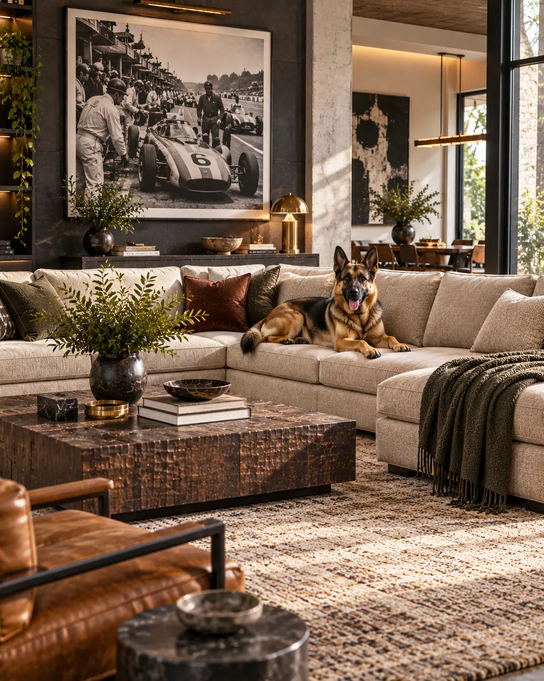 Sophisticated modern living room with a cream sectional, German Shepherd, rich leather accents, dramatic racing photography and warm layered textures.