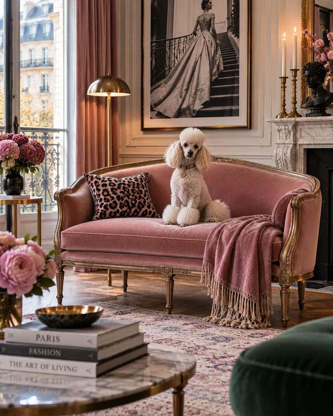 Elegant Parisian salon with a white Poodle on a blush velvet settee, ornate details, marble accents, fresh flowers and glamorous fashion photography.