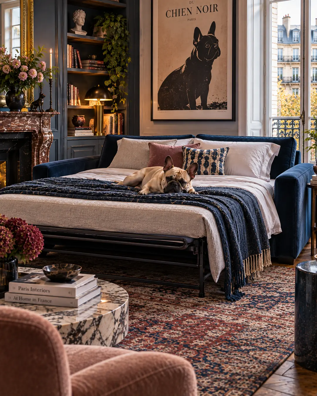 Elegant Parisian interior with a navy sleeper sofa, lounging French Bulldog, rich marble, classic architecture and layered vintage-inspired décor.