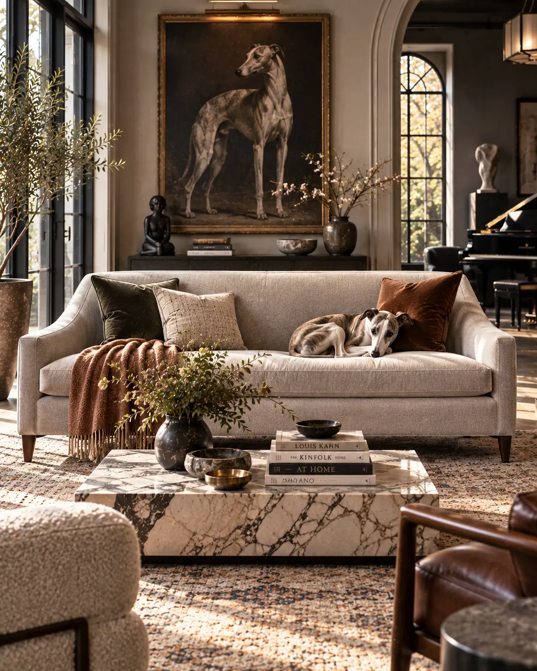 A Whippet curls up on an elegant slope-arm sofa in a sophisticated living room with sculptural art, warm neutrals and refined architectural details.