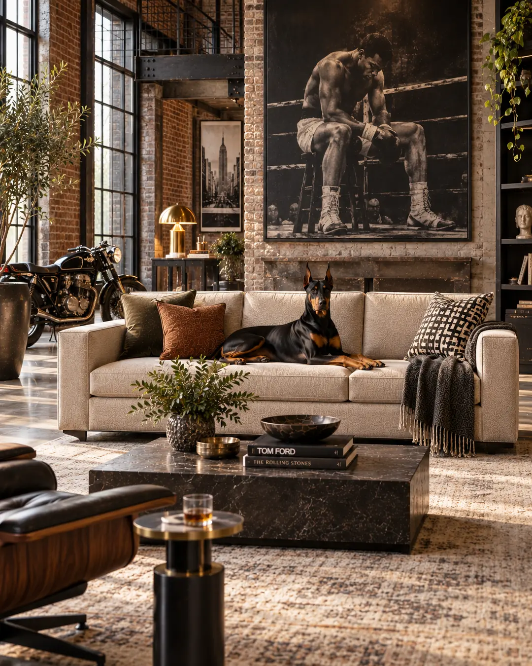 A Doberman relaxes on a clean track-arm sofa in a sophisticated industrial loft with exposed brick, bold photography and modern furnishings.