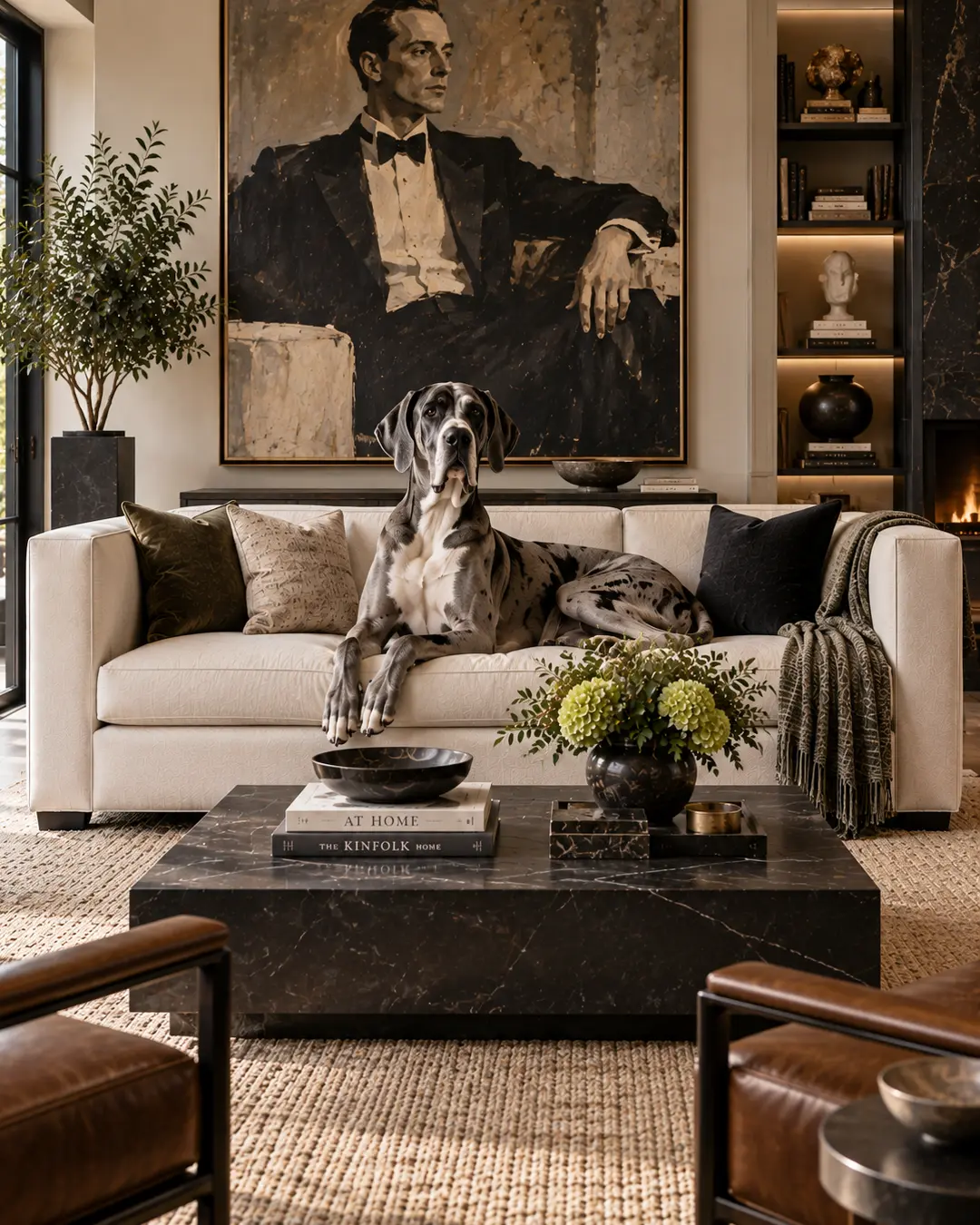 A Great Dane commands a tailored Tuxedo sofa in an elegant contemporary living room with dramatic portrait art and sophisticated finishes.