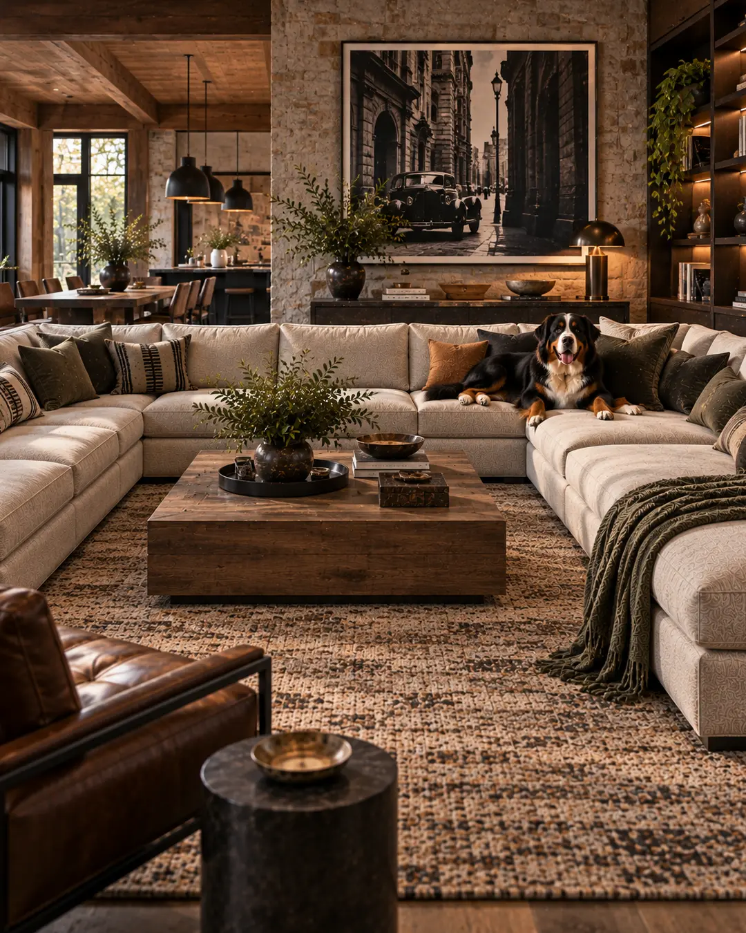 Warm contemporary living room with a large cream sectional, Bernese Mountain Dog, rustic wood, stone walls and sophisticated black-and-white photography.