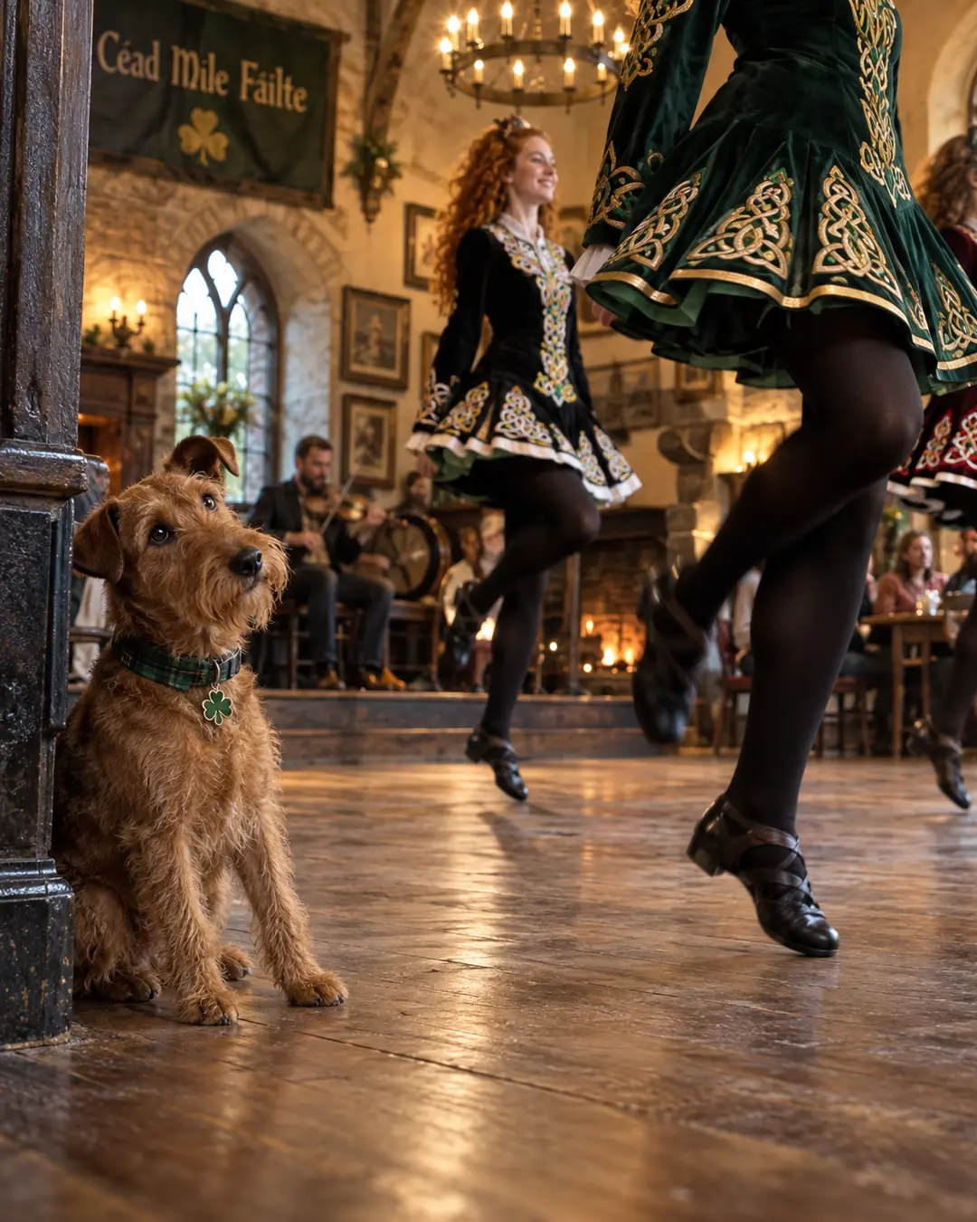 An Irish Terrier watches Irish dancers perform in a warm, lively pub while musicians play beside a glowing fireplace.