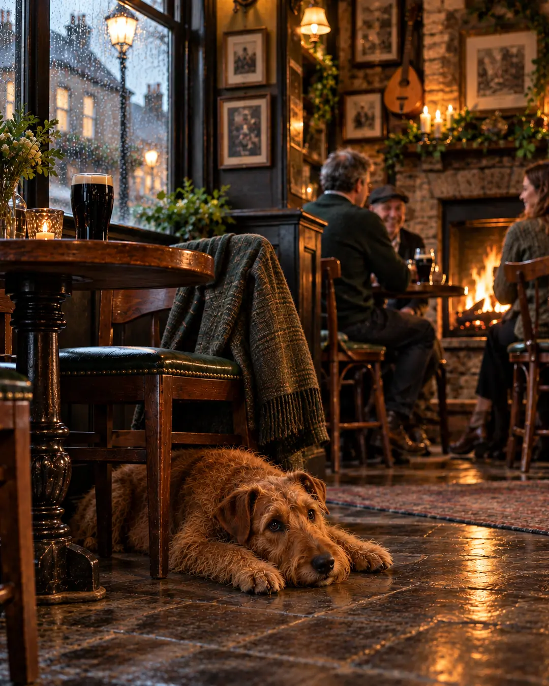An Irish Terrier relaxes beneath a pub table on a rainy evening as friends gather beside a glowing stone fireplace.