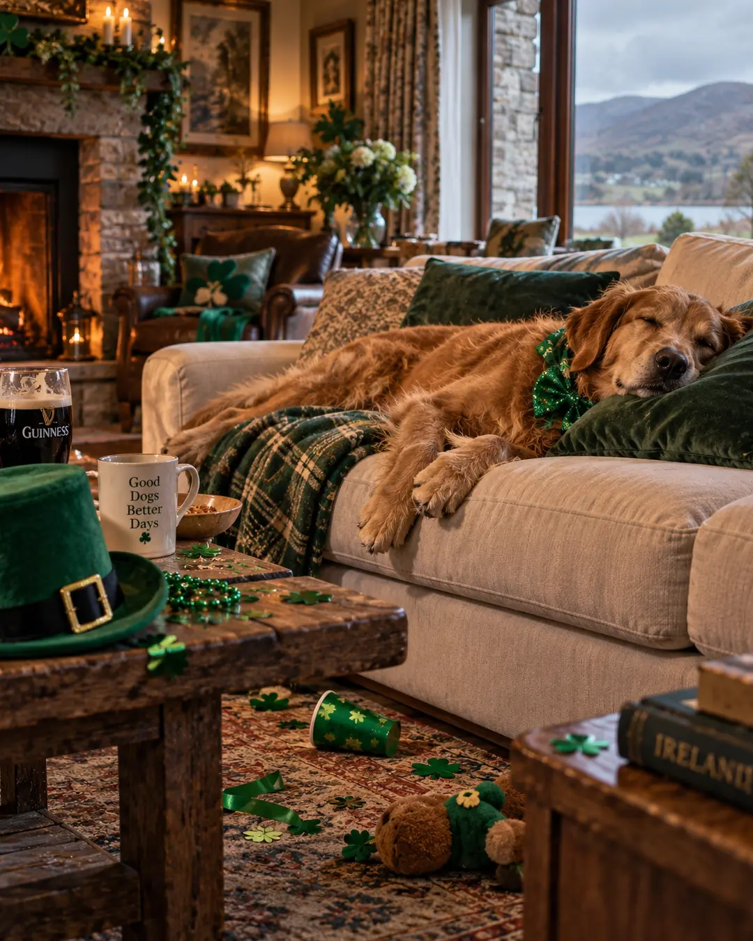 A sleepy dog rests after a St. Patrick’s Day celebration, surrounded by shamrocks, Guinness and green decorations in a cozy Irish home.