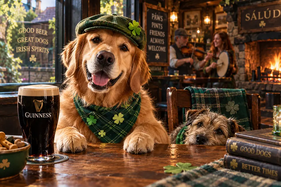 Two dogs dressed for St. Patrick’s Day enjoy the warmth of a cozy Irish pub, complete with shamrocks, live music and a pint of Guinness.