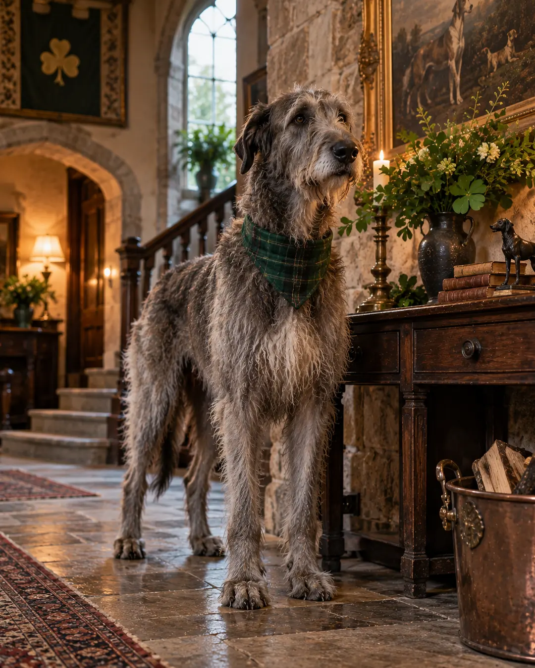 An Irish Wolfhound stands proudly in a grand stone country home, wearing a green tartan bandana amid warm, traditional Irish décor.